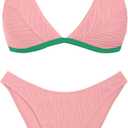 ZAFUL Textured Bikini Sets for Women Plunging Neck Cheeky Bathing Suit High Waisted Swimsuits 2 Piece Swimwear 2025 (Medium, Pink & Green)