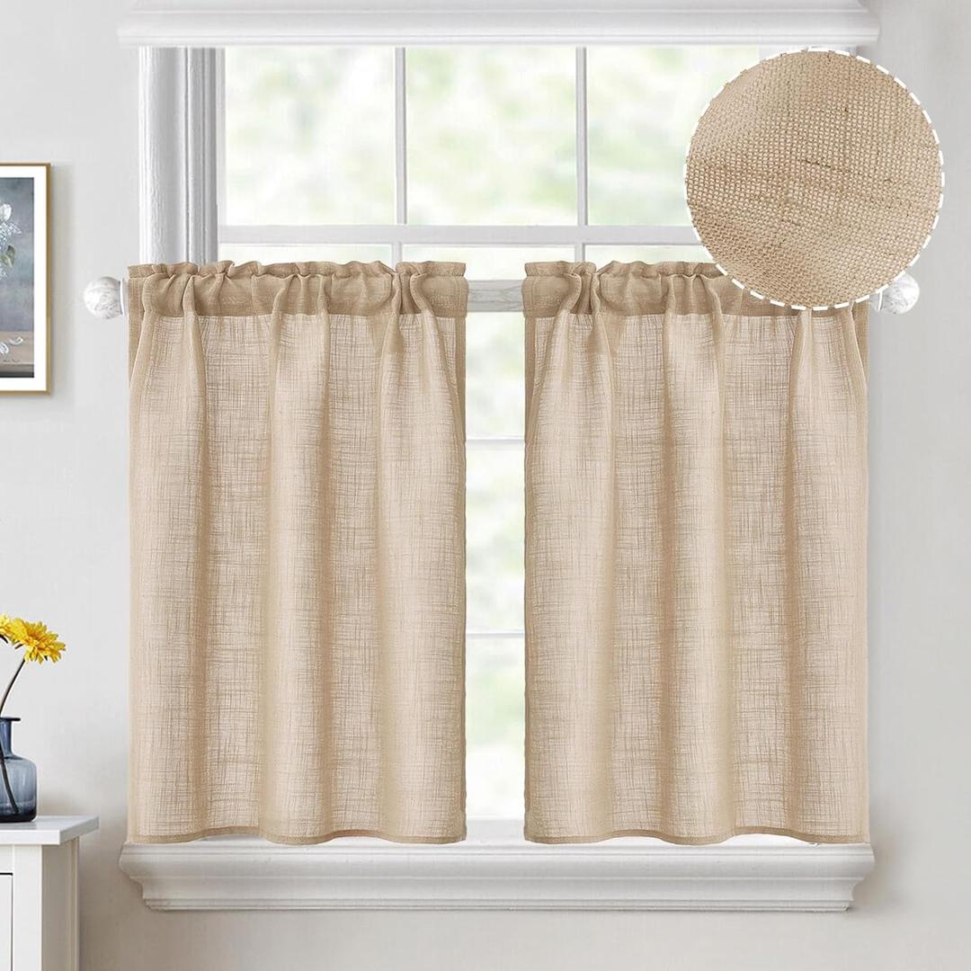 MIULEE Cafe Curtains - 36 Inch Semi Sheer Light Filtering Half Window Curtains, Rod Pocket Tier Curtains 2 Panels W26XL36, Camel Beige