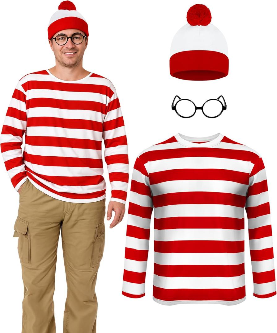 Helimoto Halloween Costumes, Red and White Striped Shirt, Cosplay Costumes Adult, Halloween Shirt with Glasses Frame and Hat (Red, XL)