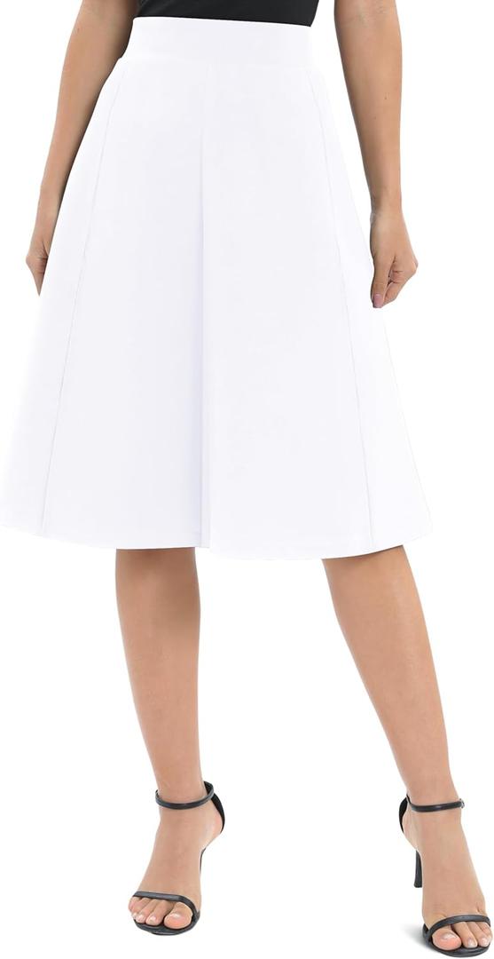 Urban CoCo Women's A-Line Elastic High Waist Flare Work Midi Knee Length Stretchy Skirt (Medium, White)