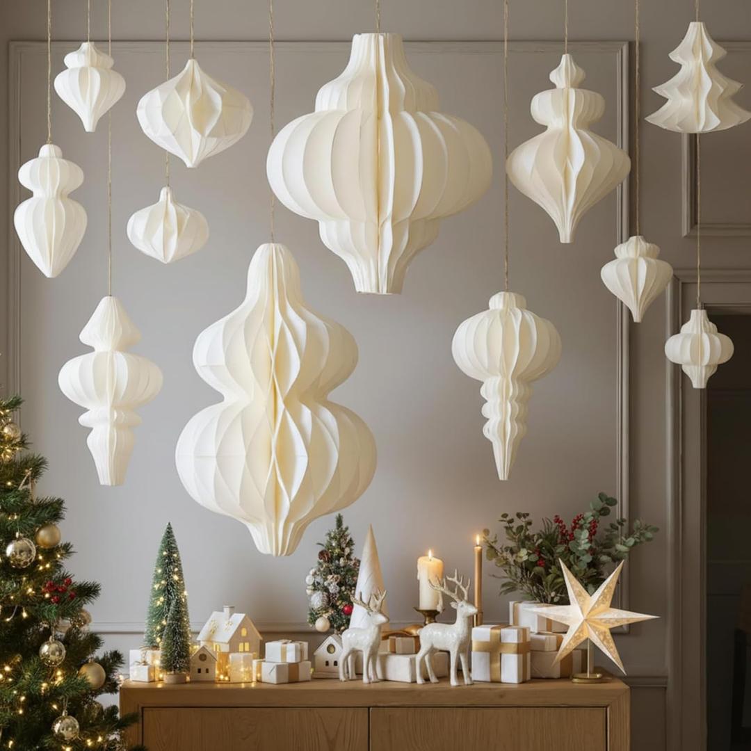 Cinnvoice 12 Pcs Jumbo Christmas Paper Decor 3.15'' to 19.7'' White Honeycomb Hanging Ornament Large Christmas Paper Lantern 3D for Xmas Home Tree Winter New Years Party Holiday Wonderland Decor