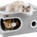 Cat Bed for Indoor Cats Cube House, Covered Cat Cave Beds & Furniture with Scratch Pad and Hideaway Tent, Cute Modern Cat Condo for Multi Small Pet Large Kitten Kitty, Large, Grey (23.6"D x 16.5"W x 13"H)