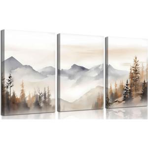 LBARTXY 3Pcs Framed Neutral Mountain Canvas Wall Art Forest Landscape Posters Prints Modern Abstract Watercolor Paintings Wall Decor Pictures for Living Room Bedroom Decoration, 16x24in