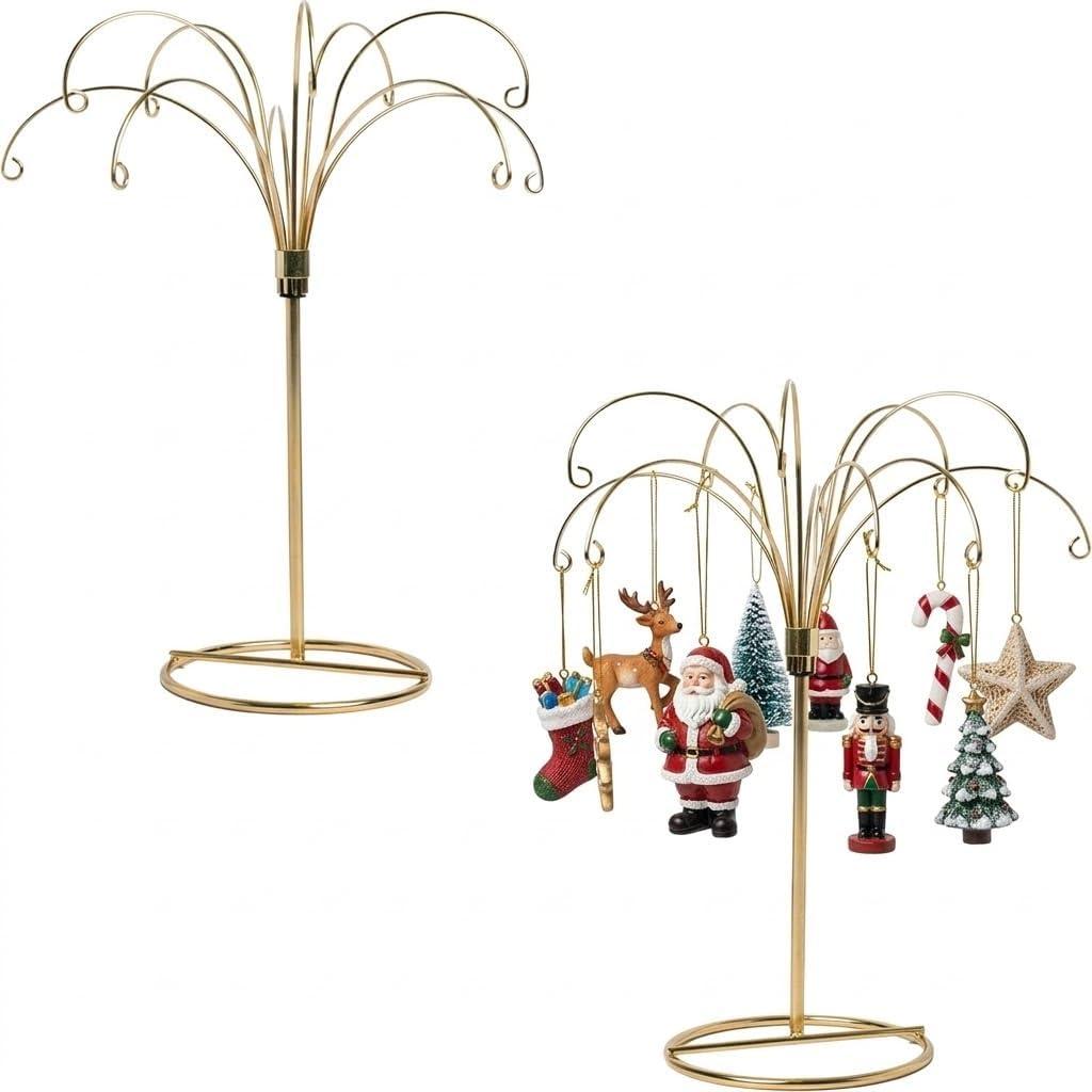 HOHIYA Ornament Display Stand Tree 2 Pcs 13.5 Inch Brass Gold Hanging Holder Heavy Duty Wire Hanger for Christmas Ball Easter Egg Home and Holiday Decorations Taiwan Made Max Load 1.5 lbs