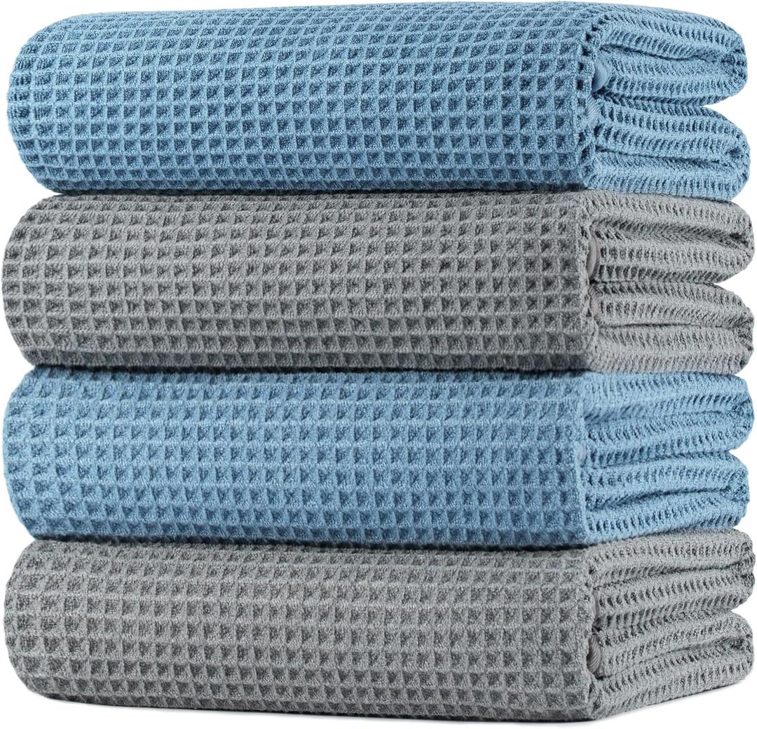 POLYTE 430 GSM Polyester Polyamide Microfiber Oversize Quick Dry Lint Free Bath Towel, 60 x 30 in, 4 Pack (Waffle Weave) (Gray,blue)