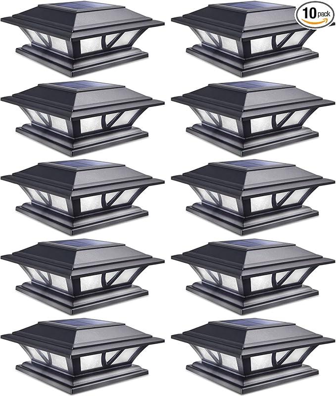 SIEDiNLAR Solar Post Lights Outdoor 2 Modes LED Deck Fence Cap Light for 4x4 5x5 6x6 Posts Patio Garden Decoration Warm White/Cool White Lighting Black (10 Pack)