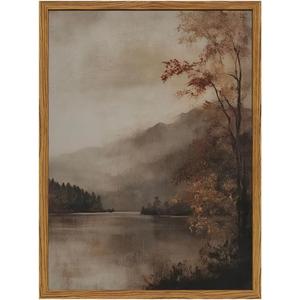 Vintage Landscape Wall Art Moody Lake Wall Decor Painting, Rustic Farmhouse Poster Canvas Prints Nature Autumn Artwork for Bedroom Living Room Farmhouse 16x24 inch Wood Framed