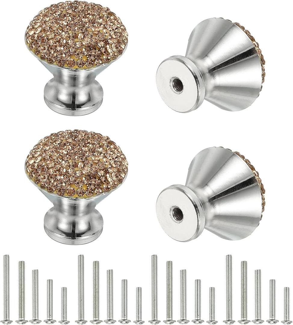 uxcell Drawer Knobs,4Pcs 1.1 Inch (28mm) Diameter Bling Diamond Decoration Cabinet Knob, Round Rhinestones Pull Handle with Screws for Home, Office (White Base + Crystal Yellow Diamond)