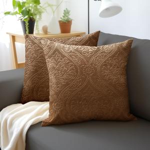 Encasa XO Luxury Embossed Velvet Cushion Covers - Plush Throw Pillow Covers for Elegant Living Rooms & Bedrooms, Machine Washable, 24x24 Coffee | Set of 2 | Covers Only No Insert.