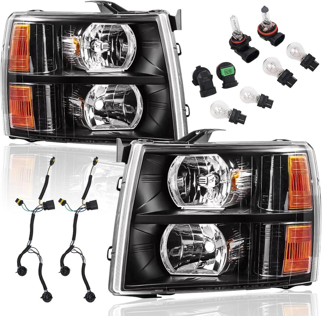 Headlight Assembly Set Compatible with 2007 2008 2009 2010 2011 2012 2013 Chevy Silverado 1500, 07-14 Silverado 2500HD 3500 Headlamp W/Wiring Harness & Bulbs, Black Housing Ambar Reflector