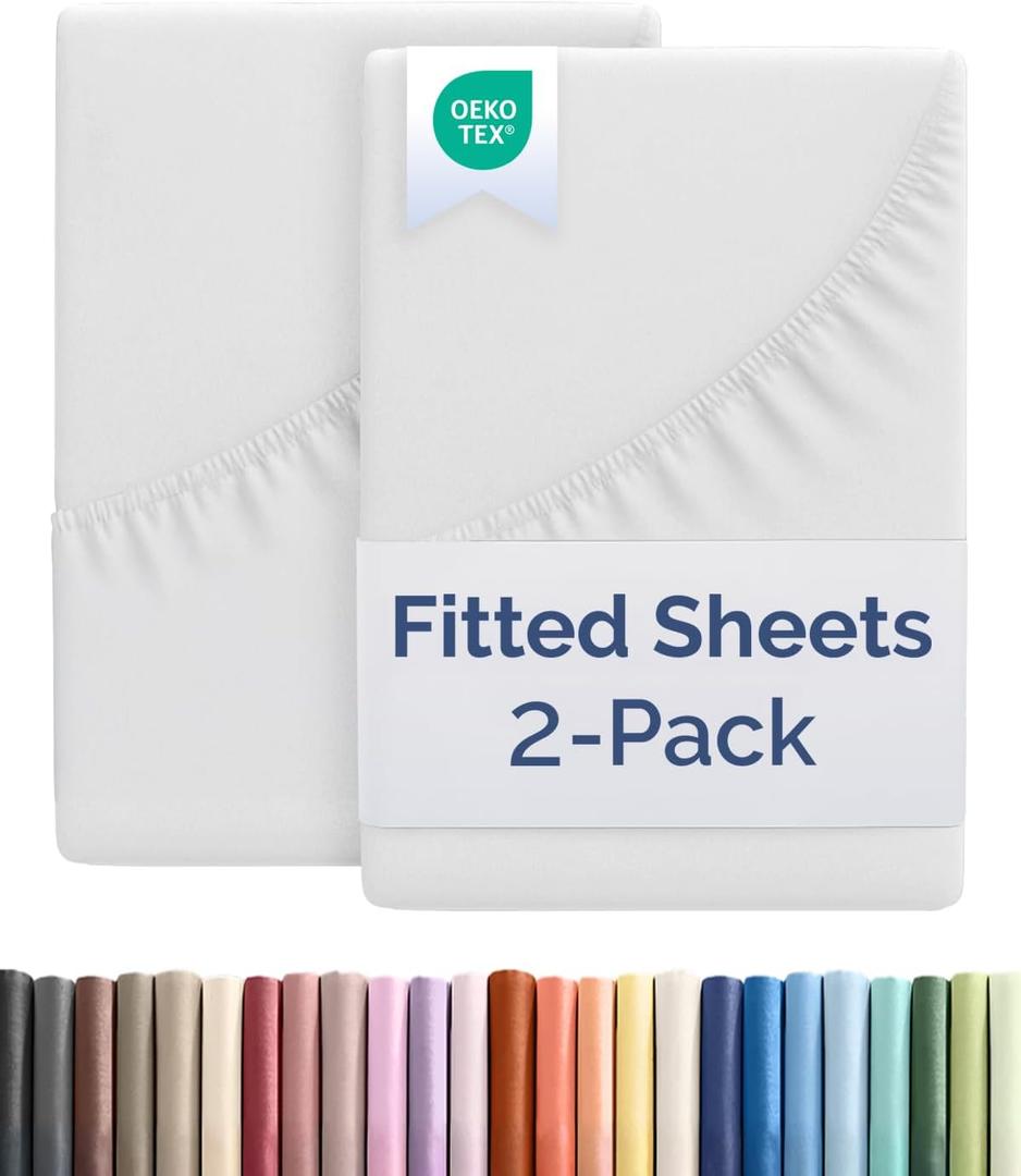 Queen Size Fitted Bed Sheet - Pack of 2 Single Fitted Bottom Sheet Only - Fits Mattress Up to 16" Deep Pockets - Extra Soft, Breathable & Cooling - Hotel Quality, Fade, Shrink & Wrinkle Free - White