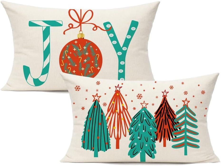 All Smiles 12X20 Set of 2 Outdoor Christmas Throw Pillow Covers Decorations Ornaments Holiday Indoor Vintage Navidad Decor for Home Couch Bed Sofa,Teal Reindeer Marry Tree Joy