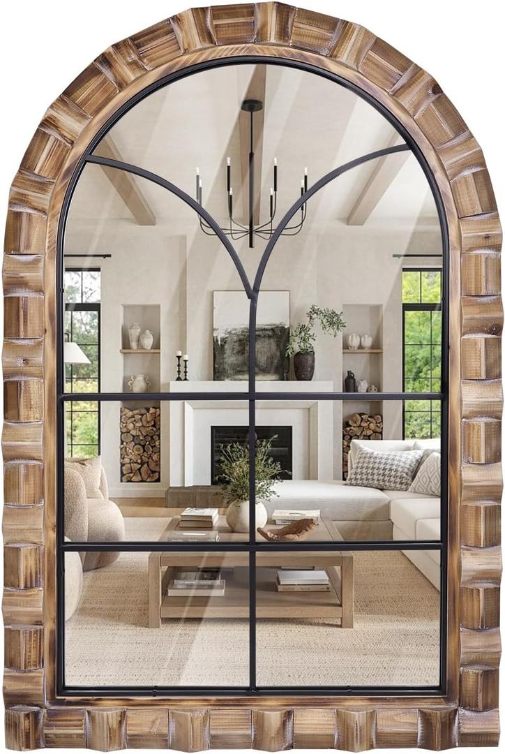 36x24 Inch Arched Window Pane Wall Mirror - Rustic Farmhouse Solid Wood Decorative Mirror for for Living Room, Bedroom, Entryway & Bathroom