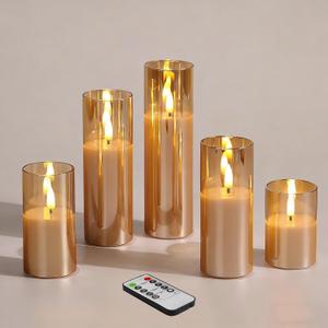 Gold Glass Flameless Candles with Remote Batteries, Flickering Slim LED Pillar Candles Home Table Decor Set of 5