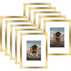 9x12 Picture Frame Sef of 10, Display Pictures 6x8 with Mat or 9 x 12 Without Mat, Photo Frame Collage for Wall Gallery Decor, Wall Mounted, Gol
