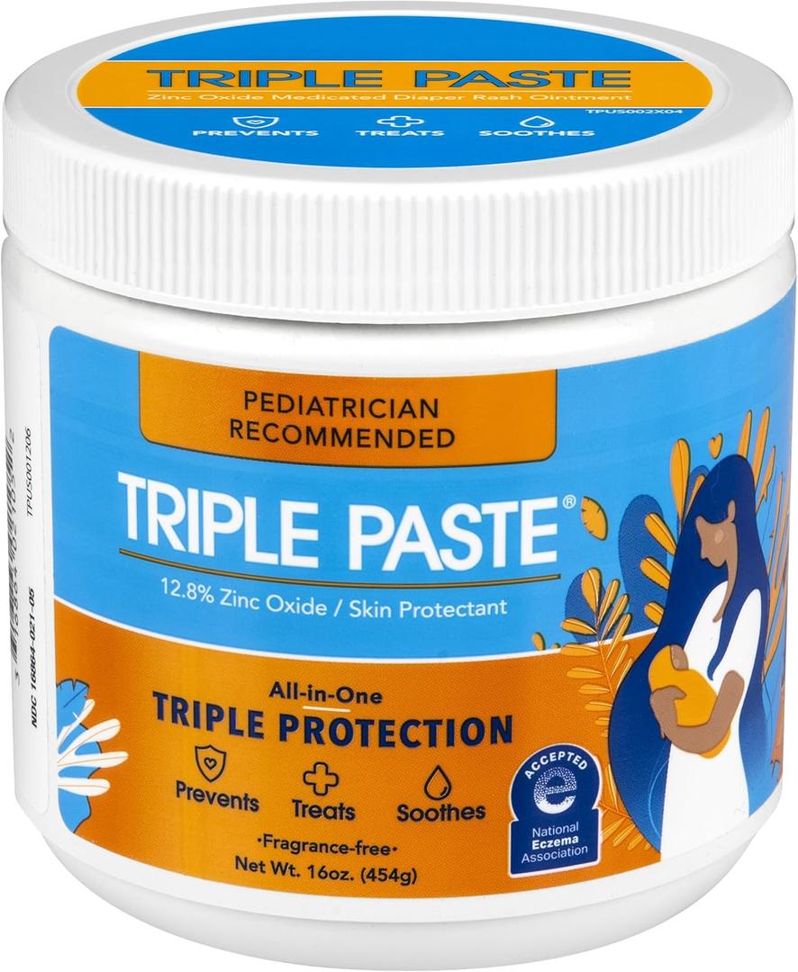 Triple Paste Diaper Rash Cream for Baby - 16 Oz Tub  Zinc Oxide Ointment Treats, Soothes and Prevents Diaper Rash - Pediatrician-Recommended Hypoallergenic Formula for Daily & Overnight Protection