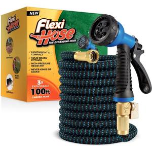 Flexi Hose with 8 Function Nozzle, 100FT - Lightweight Expandable Garden Hose, No-Kink Flexibility, 3/4 Inch Solid Brass Fittings and Double Latex Core Flexi Hose with 8 Function Nozzle, 100FT - Lightweight Expandable Garden Hose, No-Kink Flexibility, 3/4 Inch Solid Brass Fittings and Double Latex Core