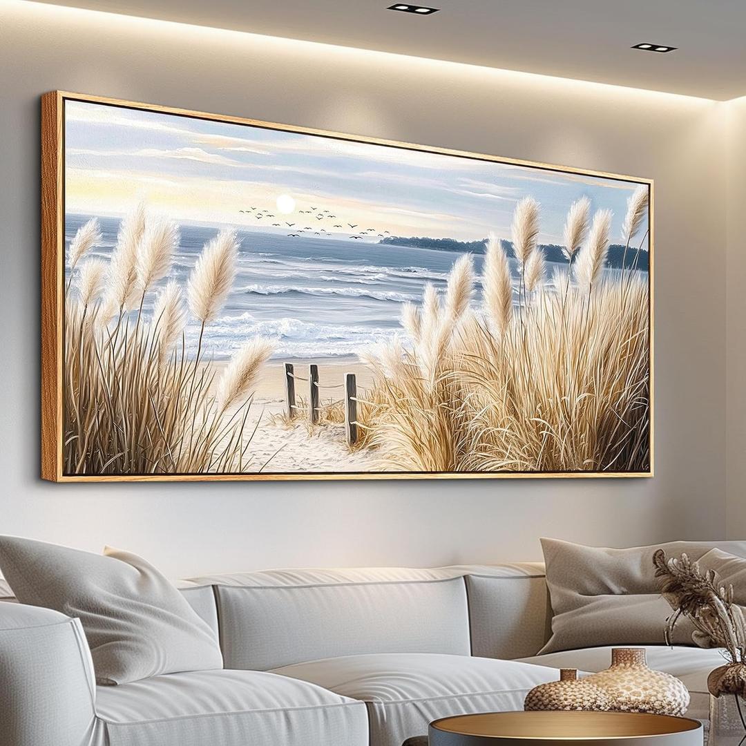 Large Canvas Wood Framed Wall Art Living Room Wall Decor For Bedroom Seaside Reed Papyrus Landscape Painting Wall Pictures Artwork Picture Office Farmhouse Home Decorations Aesthetics 24x48 In
