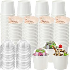 100 Pack Ice Cream Cups with Dome Lids No Hole and Spoons Bulk Disposable Paper Dessert Bowls White Sundae Containers for Snack Yogurt Soup Birthday Summer Ice Cream Party Supplies (6 oz)