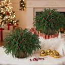 Suncalla 48 Pcs Christmas Artificial Norfolk Pine Stems Branches Christmas Norfolk Pine Branches Red Berries Stems Pinecones Greenery Foliage Picks 2 Bark Stumps for DIY Xmas Tree Table Decor