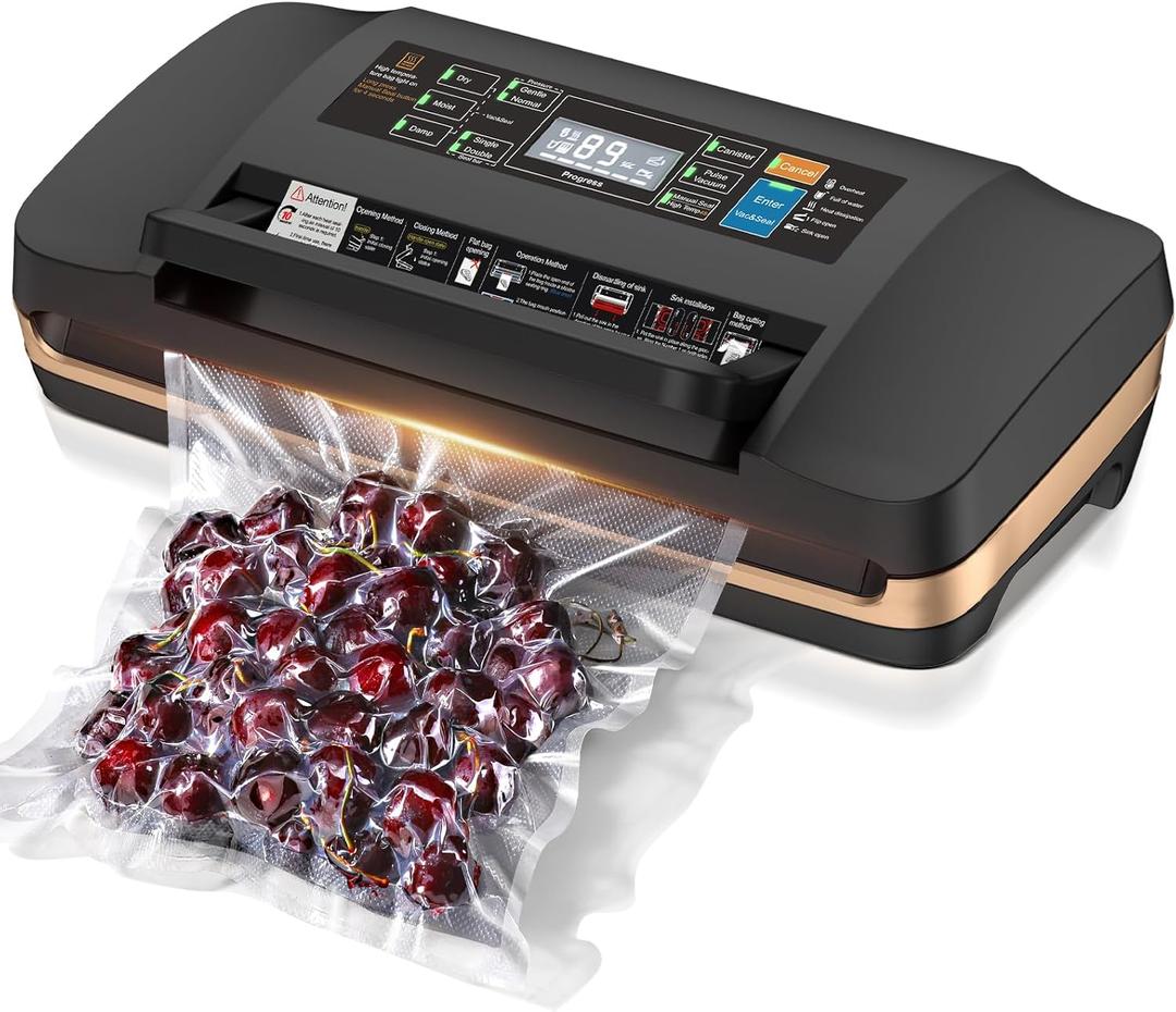 95kpa Vacuum Sealer Machine,Commercial Full Automatic Food Sealer,Powerful Sealing System with Double Heat Seal,Bags Storage, Easy-Lock Handle,Build-in Cutter,1 Bag Rolls and 10 pcs Pre-cut Bags (Black)