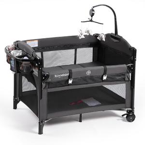 Baby Bassinets Bedside Sleeper, 4 in 1 Portable Bedside Crib w/Mattress, Diaper Changer, Storage Basket, Music Box, Carry Bag, Foldable Playard Sleeper for Newborn (Black)