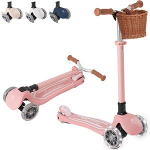 MomnLittle Kick Scooter for Kids Ages 3-10 (Beige/Pink/Navy/White) 3 Wheeled with LED Light-Up Wheels CPSC Certified Foldable and 4 Height Adjustable Toddler Scooters for Boys Girls