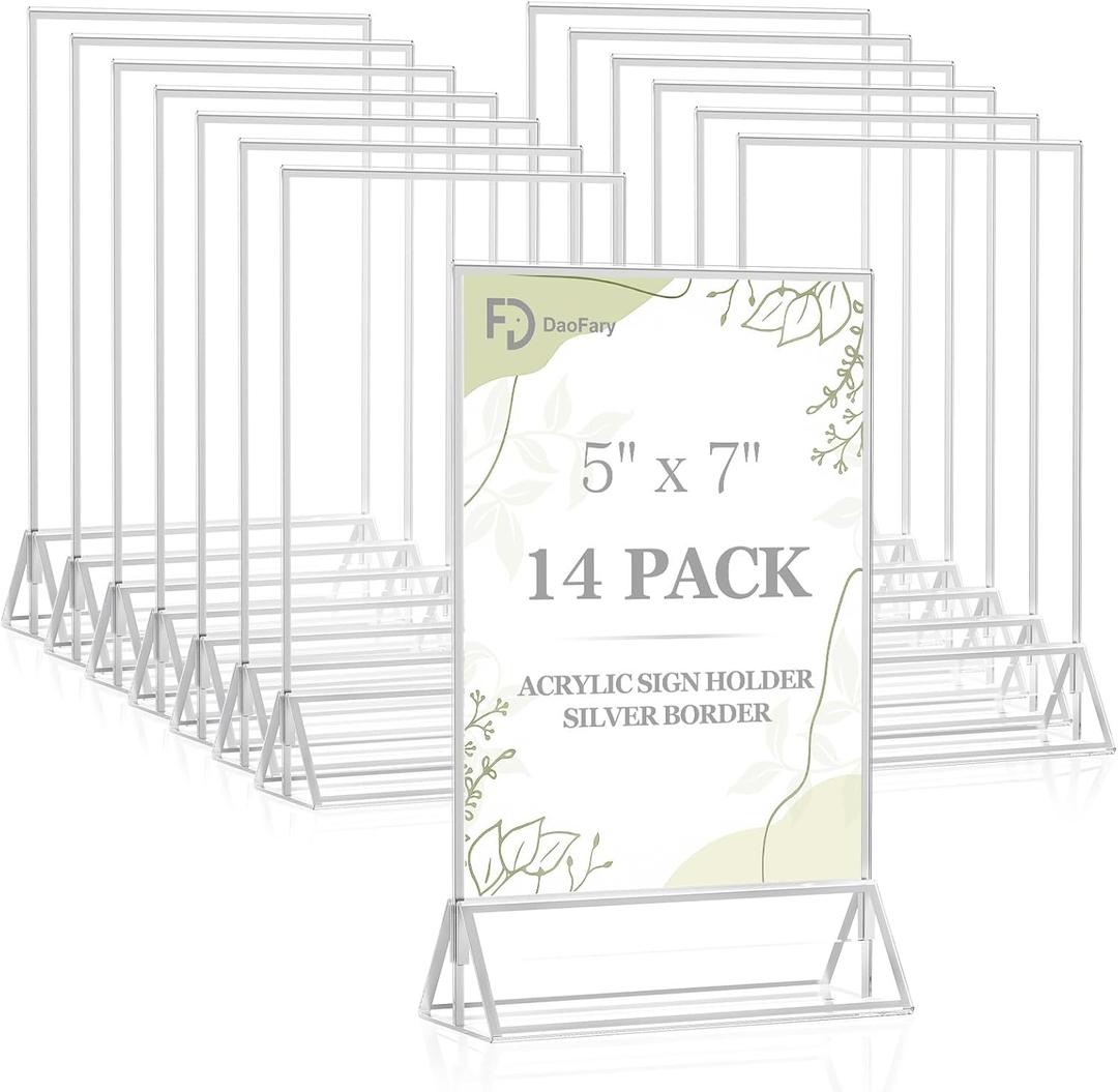 Daofary Acrylic Sign Holder 5 x 7, 14 Pack Double Sided Silver Picture Frame Stand up Table Top Sign Holders, Clear Display Stand Menu Flyer Holder for Wedding Party