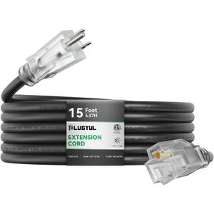 PLUGTUL Outdoor Extension Cord 15FT, 12 Gauge Extension Cord with Lighted End, Heavy Duty,15A 1875W SJTW, ETL Listed, Great for Garden and Home, Black