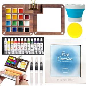 Mini Watercolor Paint Set with 15 Grid Travel Portable Palette Pocket Artists Wooden Gird Paint Box for Kids Painters Students
