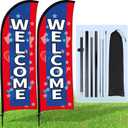 Buryeah 2 Sets Welcome Feather Flag Sign Kit 8 ft Welcome Banners Swooper Flag with Fiberglass Poles and Point Stake for Outdoor Business and Events Promotion(American Style,Red, Blue)