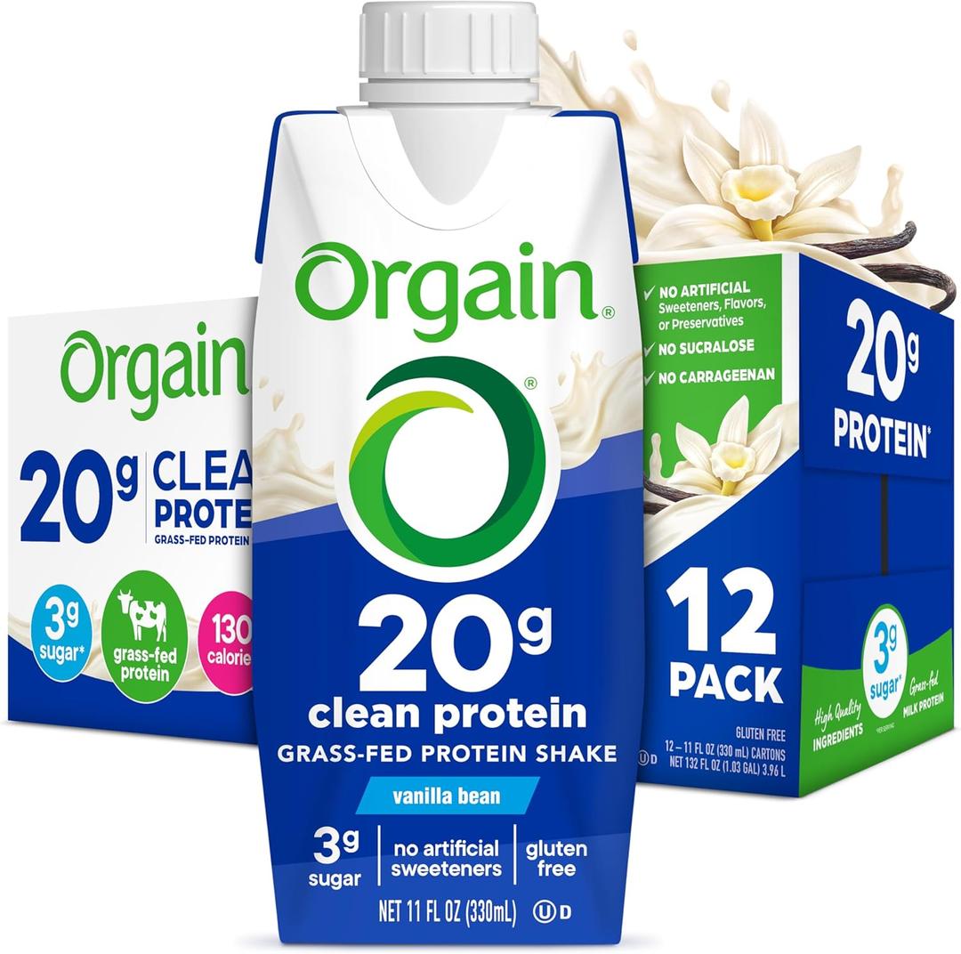 Orgain Clean Protein Shake, Grass Fed Dairy, Vanilla Bean - 20g Whey High Protein, Kosher, Ready to Drink, Low Net Carbs, Gluten Free, No Soy Ingredients, 11 Fl Oz (Pack of 12) (EXP 07/02/26)