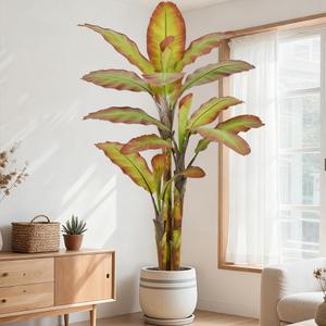 Artificial Banana Tree 7FT with 17 Tricolor Leaves & 3 Trunks Realistic Golden & Purple & Green Thick Leaf Tall Large Fake Faux Tropical Autumn Plant 82 Inch Black Pot for Indoor Home Office