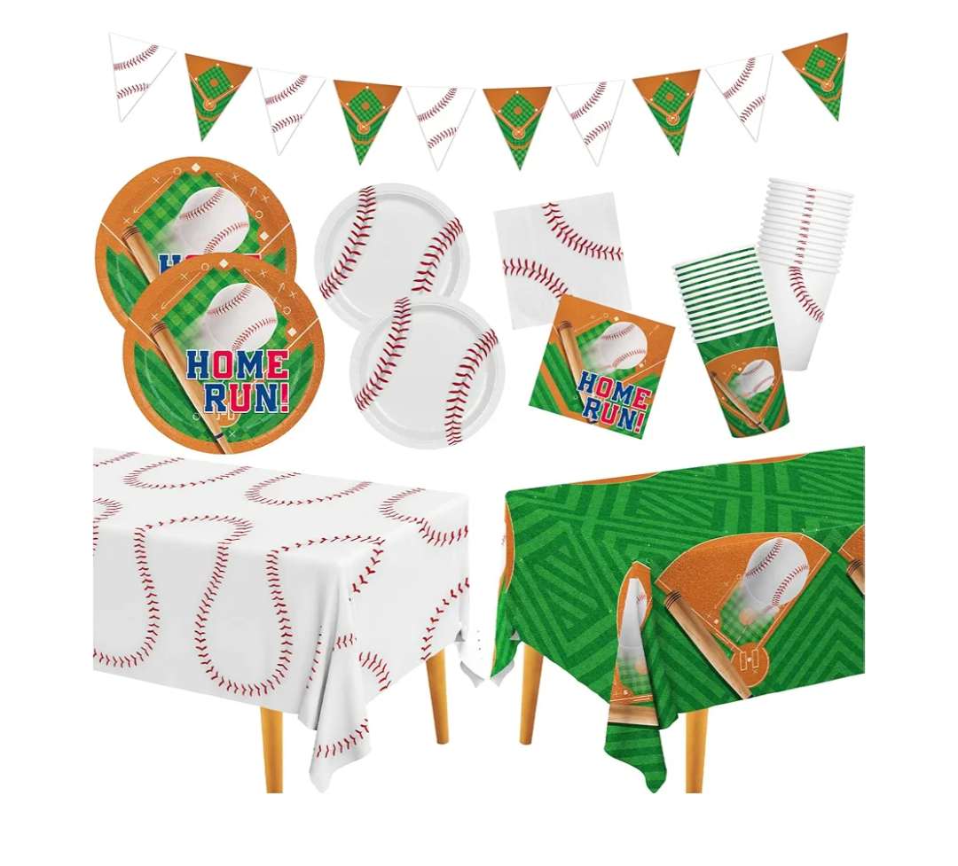 Baseball Party Supplies Kit for 24 - Complete with Dinner & Dessert Plates, Napkins, Cups, Banner & Tablecloth Baseball Birthday & Gameday Celebrations，Baseball Party Decorations & Favors
