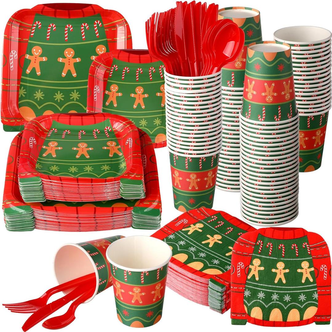 400 Pcs Ugly Sweater Party Supplies Set Christmas Disposable Paper Plates Party Christmas Decorations Plates and Napkins Sets Tableware for Xmas Birthday
