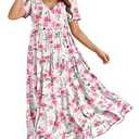 YESNO Women's Summer Maxi Dresses Casual Floral Short Sleeve V Neck Boho Beach Vacation Swing Dress with Pockets EVF (Pink, XXL)