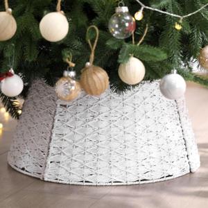 Poen Woven Rattan Christmas Tree Collar, Neutral Wicker Tree Skirt, Rustic Farmhouse Christmas Stand Base Cover Decor Handmade X-Shape Weave Design (White, 24 Inch)