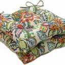 Pillow Perfect Bright Floral Indoor/Outdoor Tufted Wicker Chair Pad With Ties, 2 Count, 18.5" x 19", Blue/Green Copeland