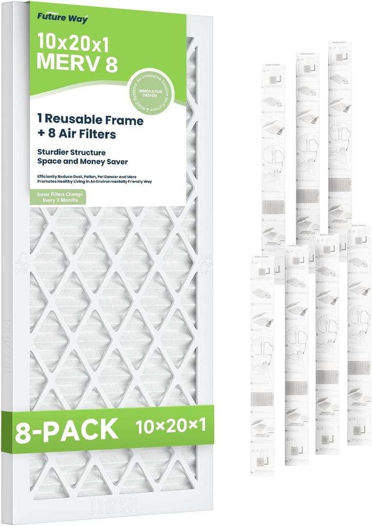 Future Way 10x20x1 MERV 8 AC Air Filter, Includes 1 Reusable ABS Frame and 8 Replaceable Pleated Filters, HVAC Air Filter Defence Against Dust & Pollen, Actual Size: 9.7" x 19.7" x 0.8" Future Way 10x20x1 MERV 8 AC Air Filter, Includes 1 Reusable ABS Frame and 8 Replaceable Pleated Filters, HVAC Air Filter Defence Against Dust & Pollen, Actual Size: 9.7" x 19.7" x 0.8"