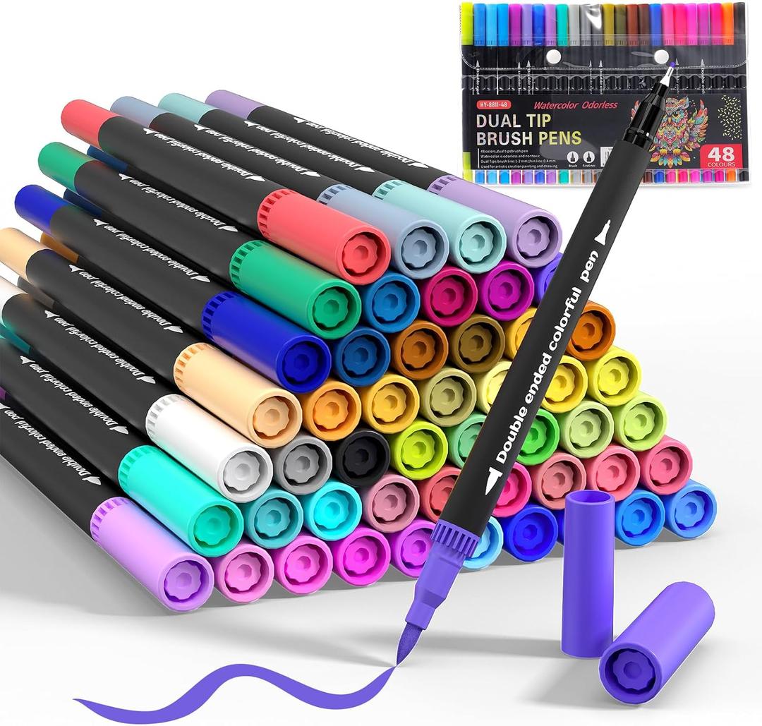 Coloring Markers for Adult Coloring Books, 48 Color Dual Brush Marker Pens with Dual Tip Fine & Brush Pens for Drawing, Sketching Bullet, Journal, Calligraphy, Art Supplies Kit