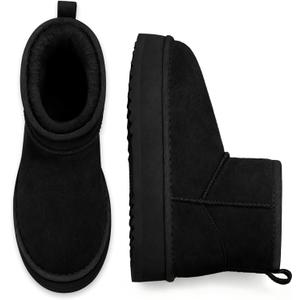 Litfun Suede Platform Mini Boots for Women Genuine Leather Fuzzy Ankle Winter Snow Boots with Fur Lined (9.5-10, Black)