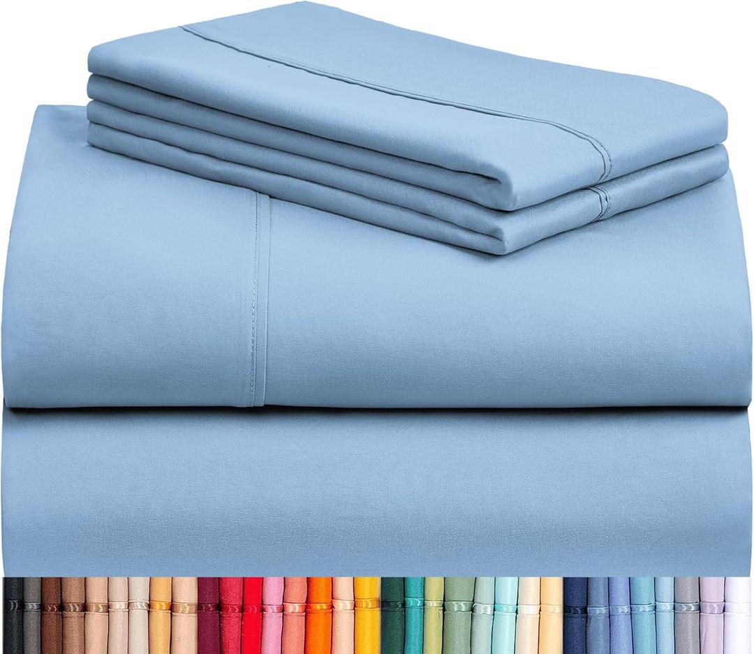 LuxClub 4 PC Queen Sheet Set, Breathable Luxury Bed Sheets, Deep Pockets 18" Wrinkle Free Cooling Sheets Machine Washable Hotel Bedding Silky Soft - Sky Queen