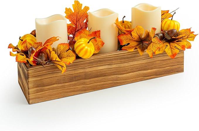 Thanksgiving Centerpiece with 3 Flameless Candle, Harvest Centerpiece Candle Holder Autumn Fall Decorations Artificial Pumpkin Maple Leaf for Thankgiving Table Kitchen Décor Autumn Candles (15"L x 4"W x 7"H)