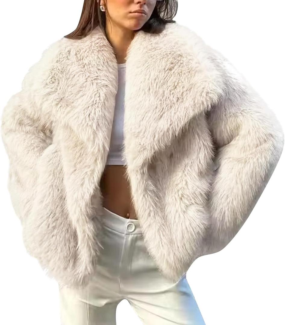 Flygo Women's Faux Fur Coat Fluffy Faux Fur Jacket Long Sleeve Lapel Furry Winter Jackets Shaggy Parka Short Coat (Medium, Beige)