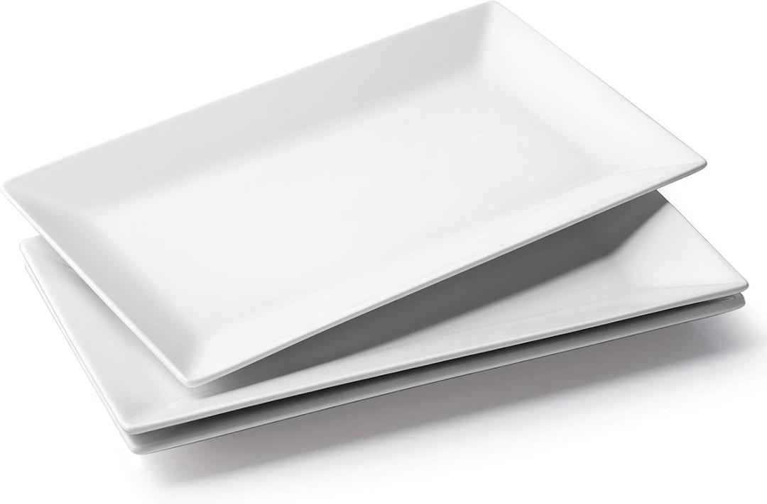 DOWAN 14" Serving Trays, Serving Platters, Ceramic Serving Platters and Trays, Rectangle Plates, Set of 3, for Weddings, Parties, Oven, Microwave, Dishwasher, Heat Resistant, Easy to Clean, White