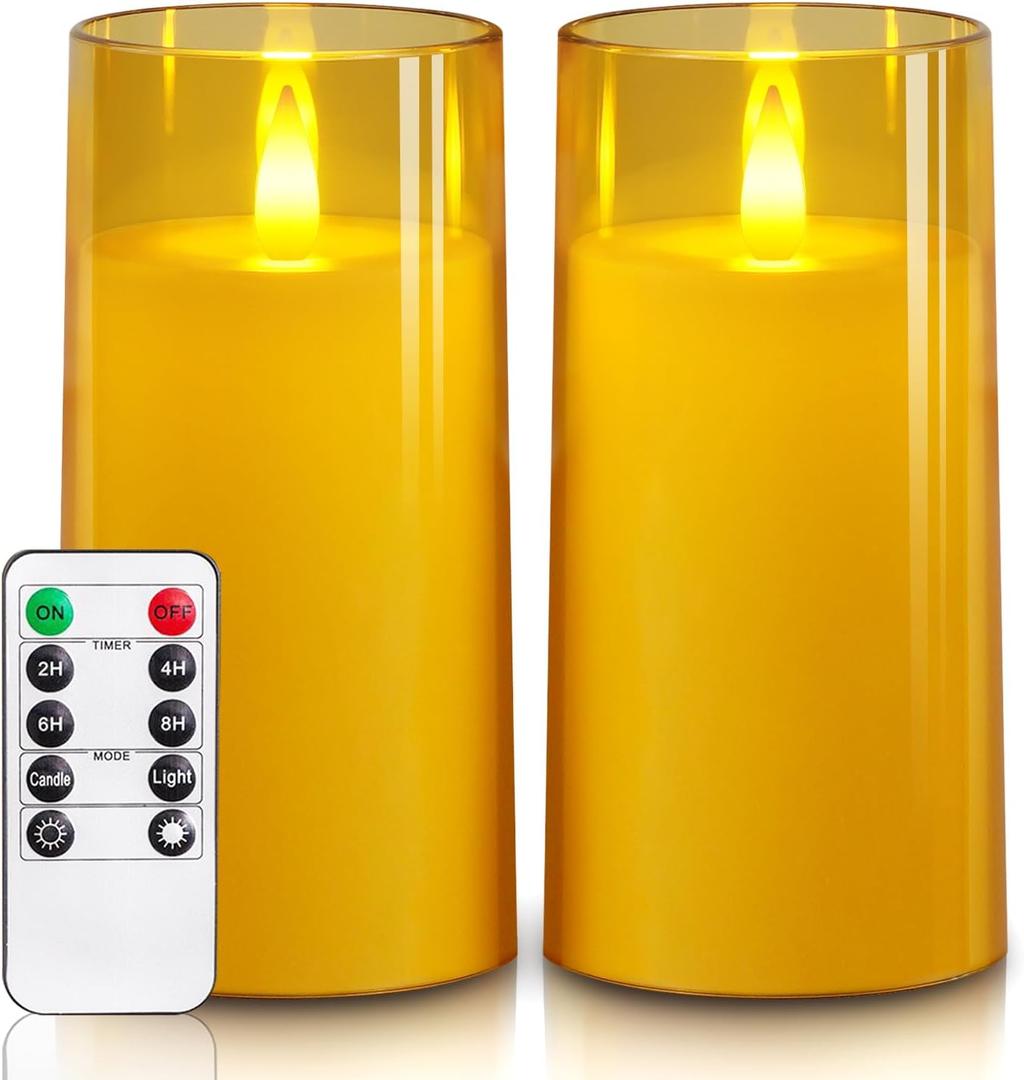 Homemory Realistic Flickering Flameless Candles, Battery Operated Candles, LED Fake Electric Candle with Remote Control and Timer for Home, Christmas Decoration, Gold, Set of 2 (H 6" 6")