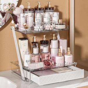 NEATORA Z-Shaped Bathroom Countertop Organizer – 2-Tier Vanity Organizer with Sliding Tray & Drawer for Skincare, Makeup & Perfume – Acrylic Storage for Dresser, Office or Desk
