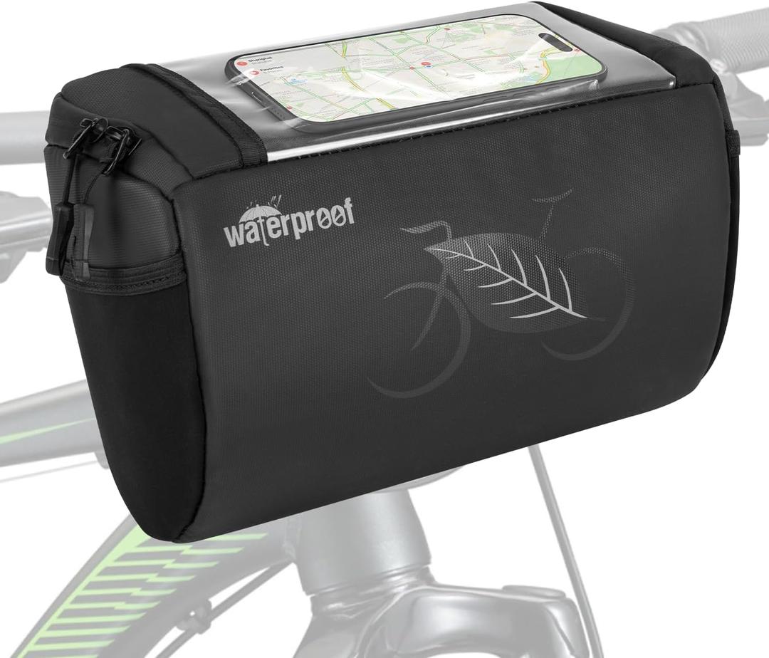 WOTOW Bike Waterproof Handlebar Bag, Bicycle Front Basket Pack with Touch Screen Phone Holder, Reflective Storage Pouch 3L for Men Women Kids Outdoor Road MTB Cycling