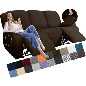 YEMYHOM 8 Pieces Stretch Recliner Sofa Cover Latest Jacquard Reclining Couch Cover with Side Pocket Anti-Slip Fitted 3 Cushion Furniture Slipcovers with Elastic Bottom (Sofa Recliner, Dark Coffee)