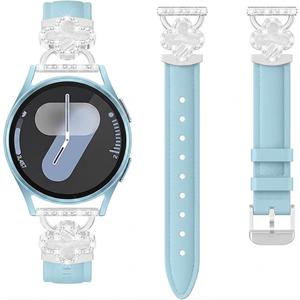 Leather Band for Samsung Galaxy Watch 7/6/5/4/ FE Band 40mm 44mm Women, Bling Leaf Clover Slim Watch Band Replacement Strap for Galaxy Watch 4/6 Classic/5 Pro/Active 2, Blue-Silver Shell